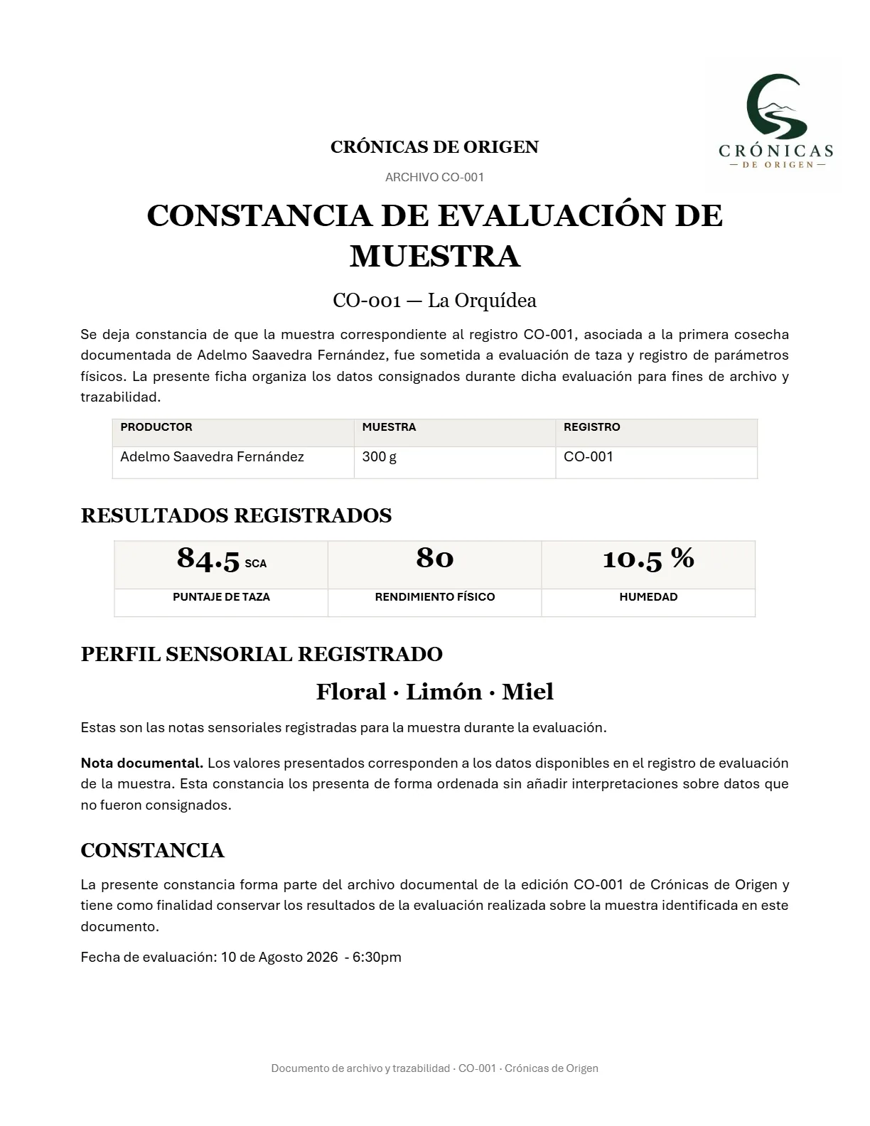 Constancia de catación de la Crónica CO-001