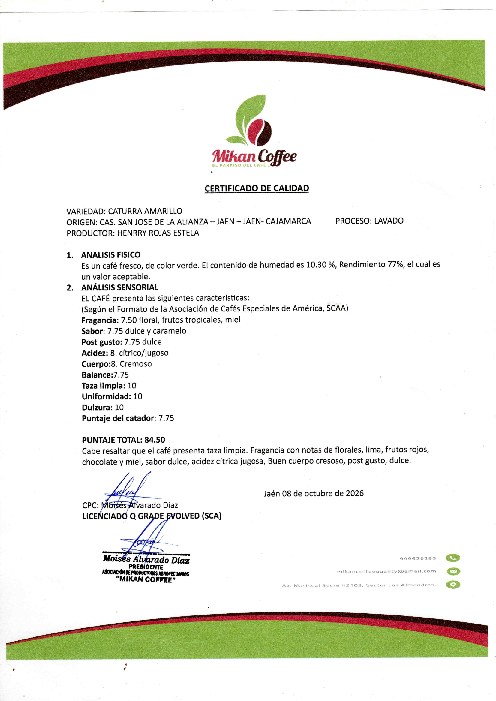 Certificado de catación del café de Henrry Rojas Estela